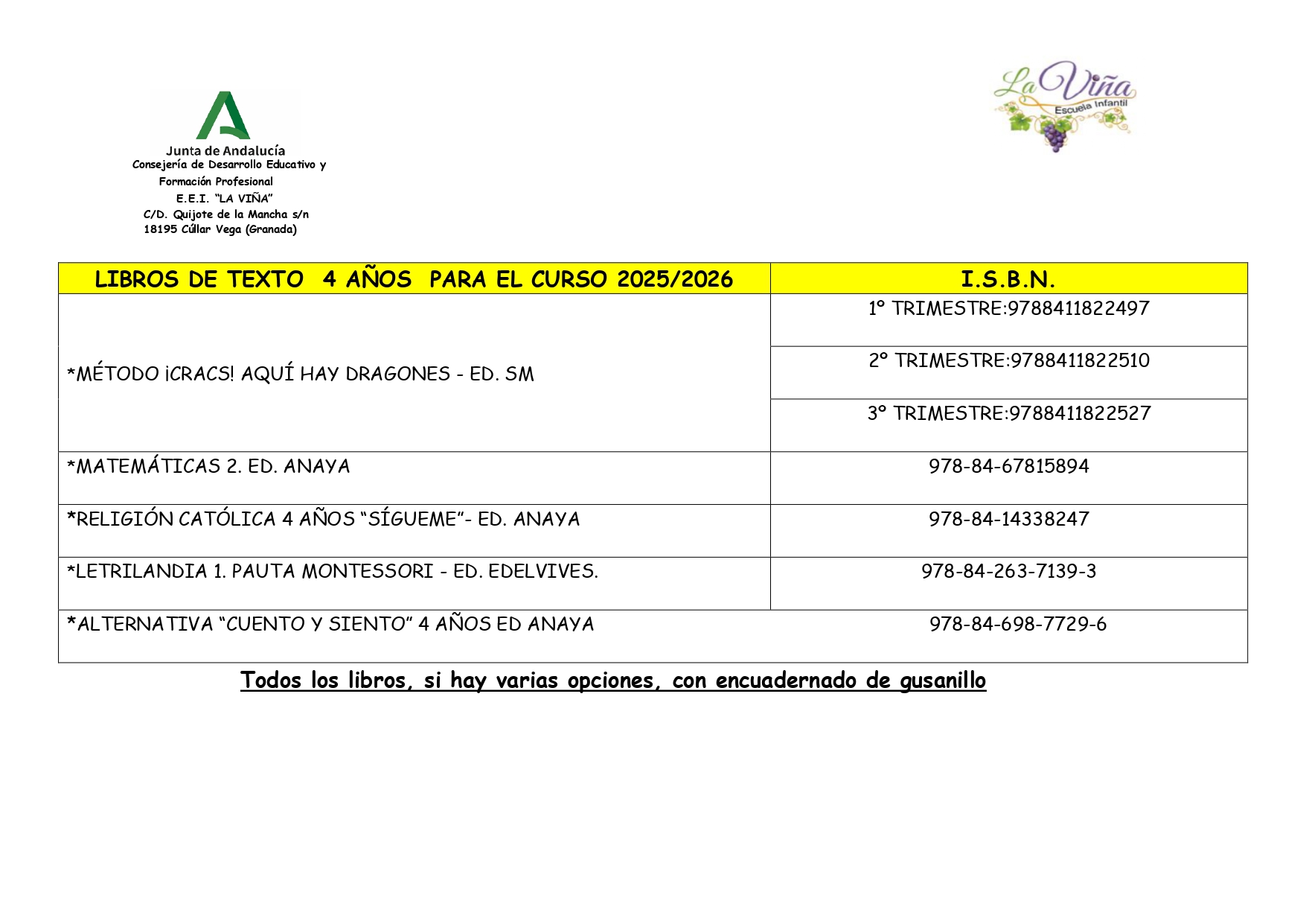 LIBROS DE TEXTO DE 4 AñOS PARA EL CURSO 2025/2026
